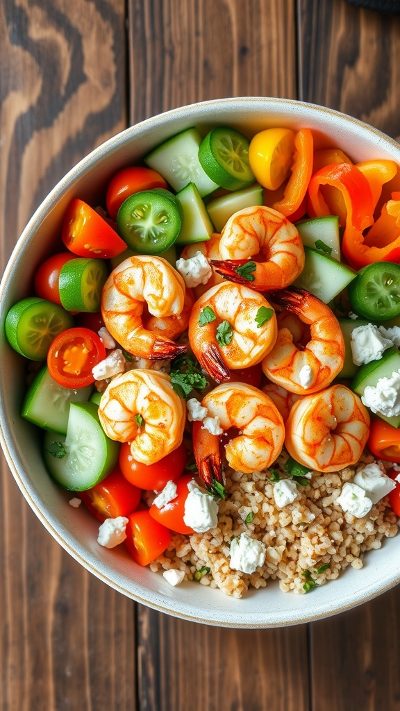 A colorful Mediterranean shrimp bowl with shrimp, quinoa, and fresh vegetables, garnished with parsley and feta.